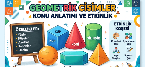 Geometrik Cisimler Konu Anlatımı ve Etkinlik; küp, koni, silindir, küre, dikdörtgenler prizması ve piramit; özellikler, etkinlik köşesi, Cisimleri Tanı, Eşleştirme Yap, Yapı Oluştur, Soruları Çöz